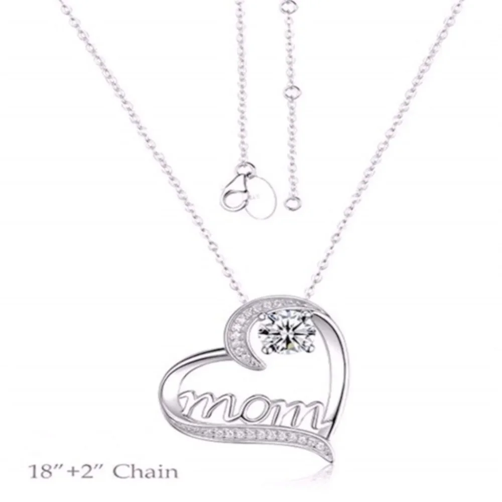 New Beautiful 925 Silver Diamond Mom Heart Necklace